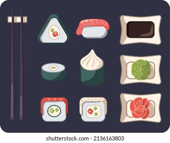 Asian fast food vector illustration. Sushi Set.