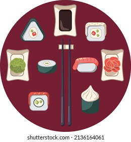 Asian fast food vector illustration. Sushi Set.