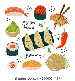 Asian fast food vector set. Tasty Japanese and Korean snacks - gyoza, nigiri, sushi maki, kimchi, taiyaki. Spicy seasonings - chili pepper, wasabi, sesame. Flat cartoon clipart for print, menu, web