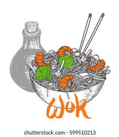 Asian fastfood with noodles shrimps, pepper, vegetables, soy sauce in a plate. Hand drawn vector illustration of tasty food doodle style