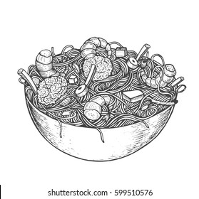 Asian fastfood with noodles shrimps, pepper, vegetables in a plate. Hand drawn vector illustration of tasty food doodle style