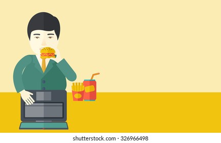 An asian fat man with beard standing in front of a laptop eating hamburger vector flat design illustration. Horizontal layout with a text space for a social media post.