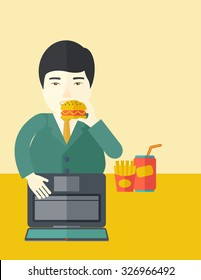An asian fat man standing in front of a laptop eating hamburger vector flat design illustration. Vertical poster layout with a text space.