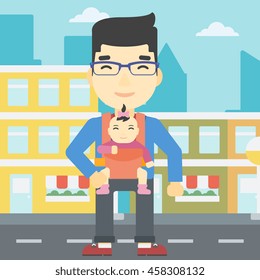 Um pai asiático carregando uma filha em tipoia. Pai com bebê em tipoia andando na rua da cidade. Pai jovem carregando recém-nascido em tipoia. Ilustração de design plano vetorial. Layout quadrado.