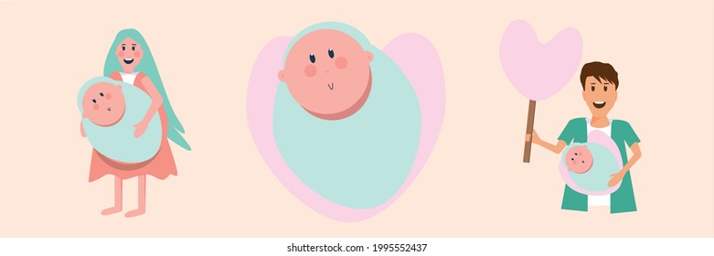 Asian father and son baby newborn kid cartoon character lifestyle movement family on isolated background. Baby birth day smile life happy new life growth