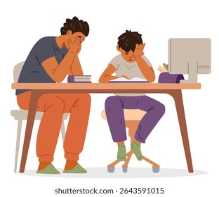 Asian father and son primary school boy both tired of doing homework sitting at desk flat vector illustration isolated on white.