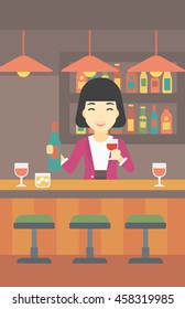 An asian female bartender standing at the bar counter. Female bartender with a bottle and a glass in hands. Female bartender at work. Vector flat design illustration. Vertical layout.