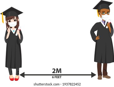 Asian female and black male students with face masks holding diploma keeping social distance in University graduation