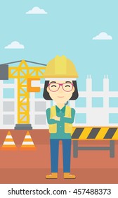 An asian female builder with arms crossed. Confident builder on a background of construction site. Builder in helmet on background of road works. Vector flat design illustration. Vertical layout.