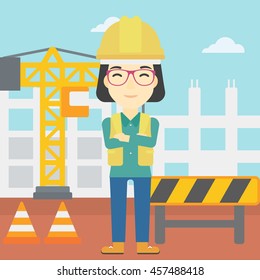 An asian female builder with arms crossed. Confident builder on a background of construction site. Builder in helmet on background of road works. Vector flat design illustration. Square layout.