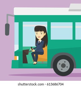 Asian female bus driver sitting at steering wheel. Young female driver driving passenger bus. Female bus driver sitting in drivers seat in cab. Vector flat design illustration. Square layout.