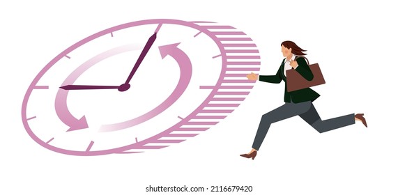 An Asian Female Businessman Running In A Hurry. Office Worker Avatar Clock Background, Infographics, White Background