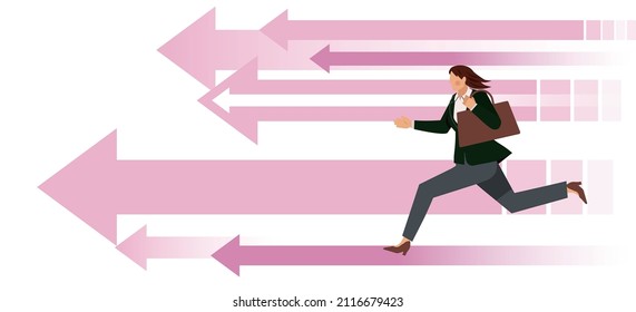 An Asian Female Businessman Running In A Hurry. She Is An Office Worker's Avatar. Infographics. Extending Arrow Background