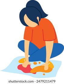 Asian female cartoon character cleaning spill. Young woman cartoon wiping multicolored mess floor. Adult animation character casual attire, using cloth stain removal