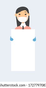 Asian female character with board. Cartoon style masked people in gloves. Isolated avatar. Flat illustration protected  women face. Hand drawn vector drawing safe girl  portrait