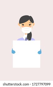 Asian female character with board. Cartoon style masked people in gloves. Isolated avatar. Flat illustration protected  women face. Hand drawn vector drawing safe girl  portrait