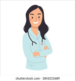 Asian female doctor character with stethoscope isolated on white background.Vector hand drawn illustration. Cartoon style. Flat design.