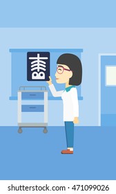 An asian female doctor examining a radiograph. Doctor looking at a chest radiograph in the medical office. Doctor observing a skeleton radiograph. Vector flat design illustration. Vertical layout.