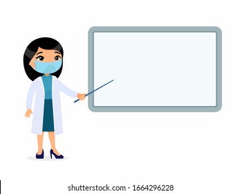 Asian female doctor point to a blank medical demonstration board. A doctor in a white coat, a character with a protective mask on his face. Virus protection, allergies concept. Vector illustration 