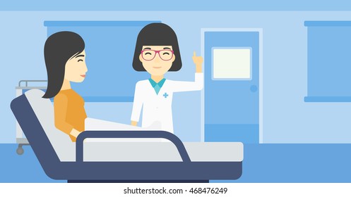 An asian female doctor visiting male patient at hospital ward. Doctor pointing finger up during consultation with patient in hospital room. Vector flat design illustration. Horizontal layout.