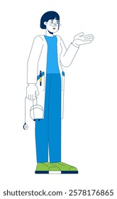 Asian female doctor in white coat gesturing, holding stethoscope 2D cartoon character. Medical explanation. Practitioner isolated person flat vector on white background. Spot illustration colorful