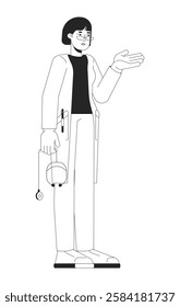 Asian female doctor in white coat gesturing with stethoscope black and white 2D line character. Medical explanation. Woman practitioner isolated vector outline person. Monochromatic spot illustration