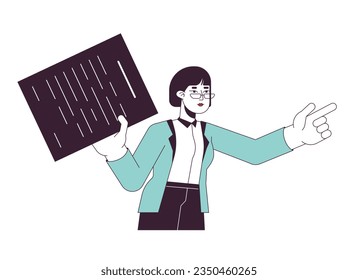 Asian female employee pointing finger flat line color vector character. Editable outline half body person on white. Worker holding document simple cartoon spot illustration for web graphic design