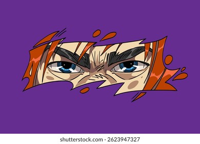Asian female eyes evil look. Face through the cut. Anime manga style. Japanese cartoon art. Comic book hand drawn vector illustration. 
