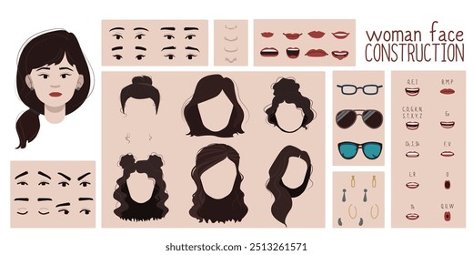 Asian female face constructor, avatar of woman character creation hairstyle, nose, eyes with eyebrows and lips. Cartoon set suitable for animation and lip sync speaking.	
