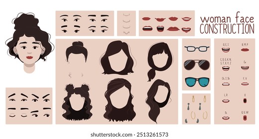 Asian female face constructor, avatar of woman character creation hairstyle, nose, eyes with eyebrows and lips. Cartoon set suitable for animation and lip sync speaking.	