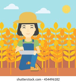 An asian female farmer checking plants on a wheat field. Farmer working on a digital tablet in a field. Vector flat design illustration. Square layout.