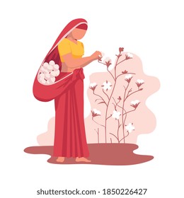 Asian Female Farmer Dressed in Saree Gathering Cotton Flower Vector Illustration