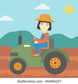 An asian female farmer driving a tractor on the background of plowed agricultural field. Farmer sitting on a tractor in the countryside. Vector flat design illustration. Square layout.