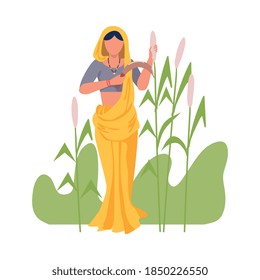 Asian Female Farmer with Hook Reaping Plant Vector Illustration