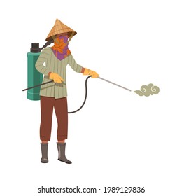 Asian Female Farmer in Straw Conical Hat Spraying Crops Vector Illustration