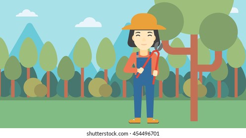 An asian female farmer working with a pruner in the garden. Young woman pruning branch. Gardener trimming branches in garden. Vector flat design illustration. Horizontal layout.