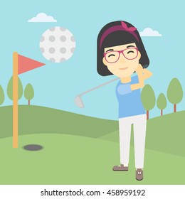 An asian female golfer hitting the ball. Professional female golfer on golf course. Young woman playing golf. Vector flat design illustration. Square layout.