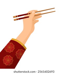 Asian female hand holding chopsticks, traditional cuisine and culture concept, isolated