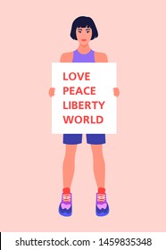 An Asian female is holding a poster with text. Fight for human rights and equality. The girl in full growth. Demonstration. Vector illustration in flat style.