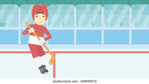 An asian female ice hockey player skating on ice rink. Professional ice hockey player with a stick. Sportswoman playing ice hockey. Vector flat design illustration. Horizontal layout.