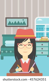 An asian female journalist sitting at the table and writing in notebook with pencil. Female journalist writing notes on the background of bedroom. Vector flat design illustration. Vertical layout.