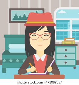 An asian female journalist sitting at the table and writing in notebook with pencil. Female journalist writing notes on the background of bedroom. Vector flat design illustration. Square layout.