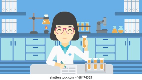 Una asistente de laboratorio asiática tomando algunas notas. Auxiliar de laboratorio trabajando con un tubo de ensayo en el laboratorio. Ilustración de diseño plana vectorial. Diseño horizontal.