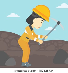 An asian female miner  working with a pickaxe. Mine worker in hard hat. Miner at the coal mine. Vector flat design illustration. Square layout.