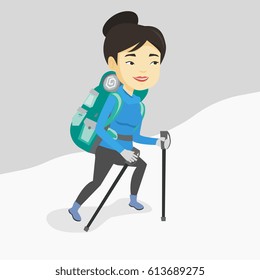 Asian female mountaineer climbing a snowy ridge. Young happy mountaineer climbing a mountain. Female mountaineer with backpack walking up along a ridge. Vector flat design illustration. Square layout.