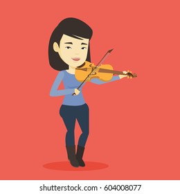 Asian female musician standing with violin. Young smiling musician playing violin. Cheerful violinist playing classical music on violin. Vector flat design illustration. Square layout.