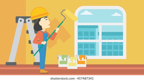 An asian female painter in overalls with a paint roller in hands. Painter painting walls with a paint roller in an apartment. Vector flat design illustration. Horizontal layout.