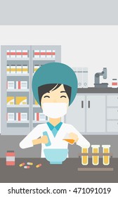 Farmacéutica asiática con mascarilla usando mortero y almirez para preparar medicinas en el laboratorio. Medicamento de mezcla de farmacia en la farmacia del hospital. Ilustración de diseño plana vectorial. Diseño vertical.