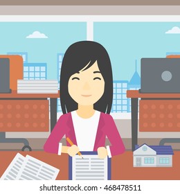 An asian female real estate agent signing a contract. Real estate agent sitting at workplace in office with a house model on the table. Vector flat design illustration. Square layout.