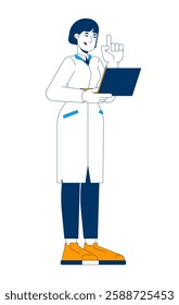 Asian female scientist in lab coat holding laptop 2D cartoon character. Pointing upward. STEM professional korean woman isolated person flat vector on white background. Spot illustration colorful